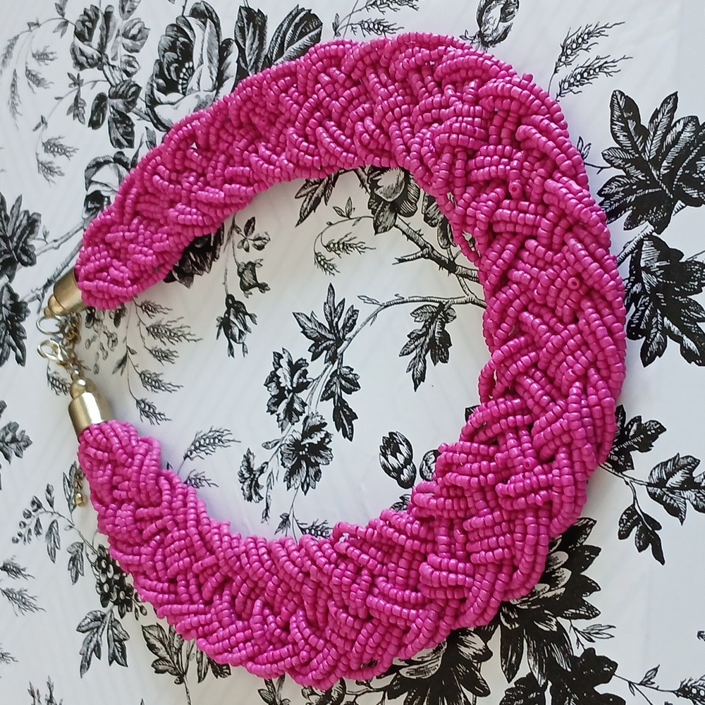 80s Pink Boho Girly Feminine Retro‎ Seed Bead Woven Choker Style Necklace